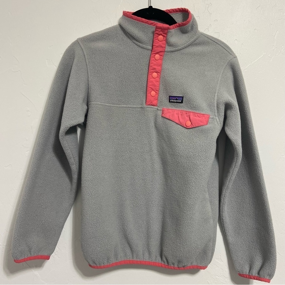 Patagonia Synchilla Youth Girls Large 12 Pullover Jacket Sweatshirt Gray Pink